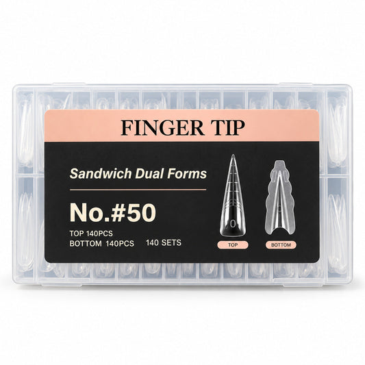 Cutie FINGER TIP Sandwich Dual Forms #50 cu tipsuri duble transparente pentru extensii stiletto, 280 de piese și 140 de perechi.