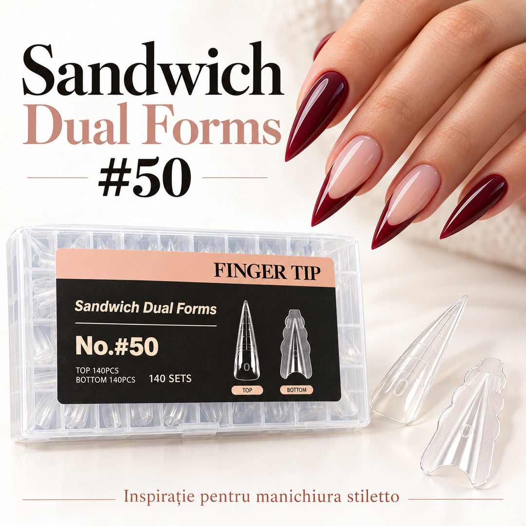 Set Sandwich Dual Forms #50 cu tipsuri transparente și exemplu de manichiură stiletto lungă, în nuanțe bordo și nude.