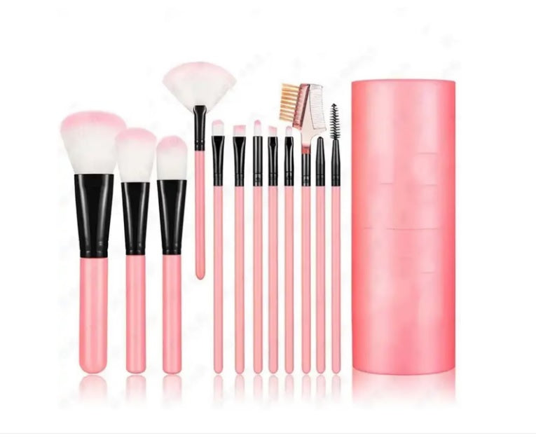 Set pensule pentru machiaj, în tub, roz, 12 buc