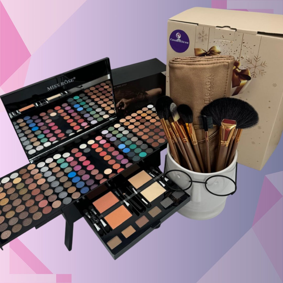 PACHET CADOU : Trusa machiaj 190 culori, farduri, blush, eyeliner, pudra + Set 18 pensule machiaj calitate superioara Megaga, Gold