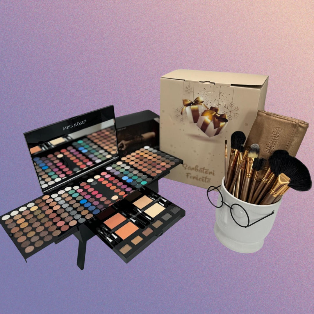 PACHET CADOU : Trusa machiaj 190 culori, farduri, blush, eyeliner, pudra + Set 18 pensule machiaj calitate superioara Megaga, Gold