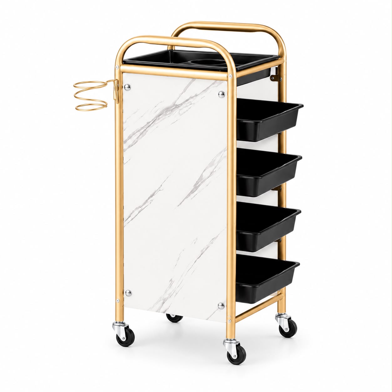 Vedere din profil a ucenicului de salon Marble Gold, evidentiand sertarele culisante negre si rotile pivotante pentru manevrare usoara.