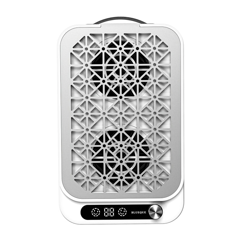 Aspirator pentru praf de unghii cu doua ventilatoare si acumulator, model 858-20 de 80W, reincarcabil, prevazut cu grila geometrica argintie si panou digital de control.