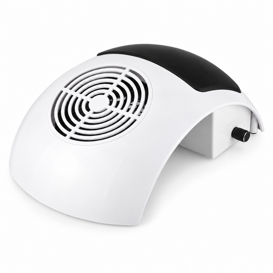 Aspirator de praf pentru unghii BQ-607, 80W, alb, văzut din unghi, cu grilă circulară de aspirare, suport negru pentru mână și buton lateral pentru reglarea vitezei, destinat mesei de manichiură.