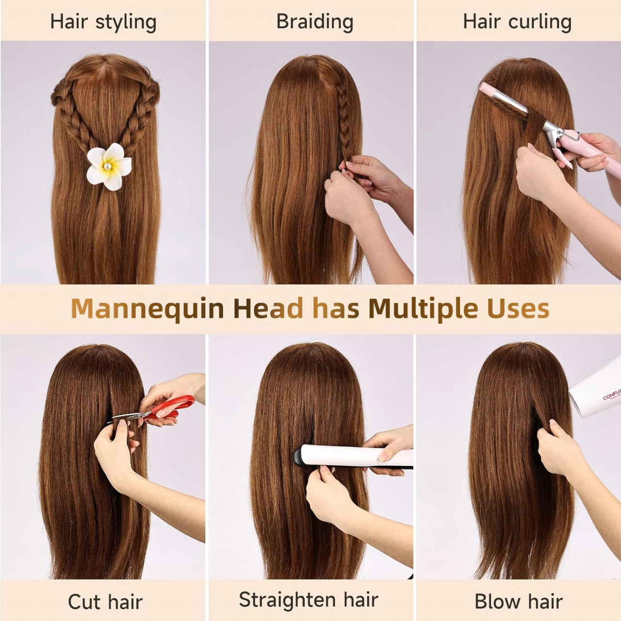 Cap practica manechin cu par natural 100%, compatibil ondulator si placa, blond, 45-50 cm