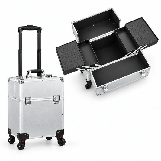 Geanta troler profesionala pentru machiaj si manichiura, silver, prezentata inchisa cu manerul telescopic extins si deschisa, cu 4 tavite extensibile, insertii din spuma cu decupaje patrate si rotunde, compartiment central adanc si 4 roti pivotante.