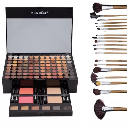 PACHET CADOU : Trusa machiaj 190 culori, farduri, blush, eyeliner, pudra + Set 18 pensule machiaj calitate superioara Megaga, Gold