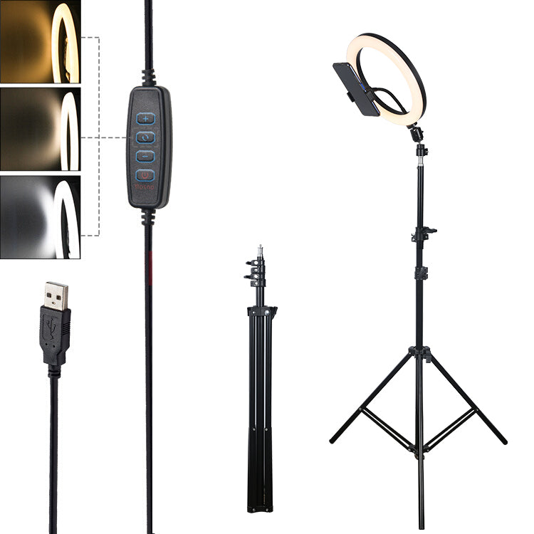 Ring Light, Lampa circulara LED 26cm, cu trepied 210cm, suport telefon