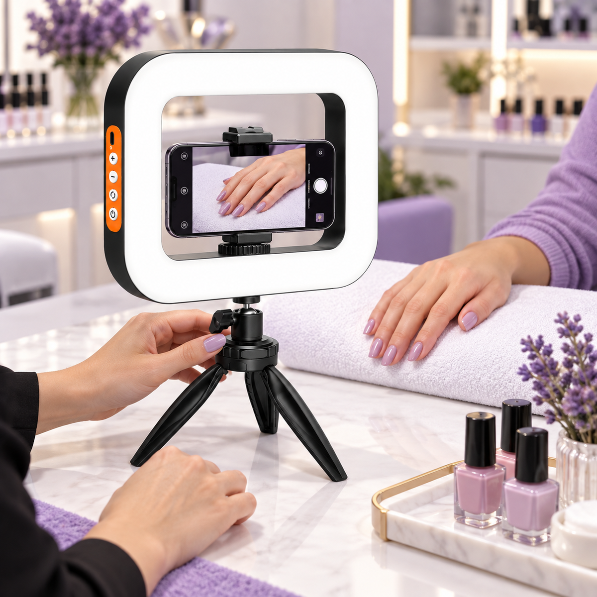 Lampă LED cu trepied de masă și suport pentru telefon utilizată pentru fotografierea manichiurii