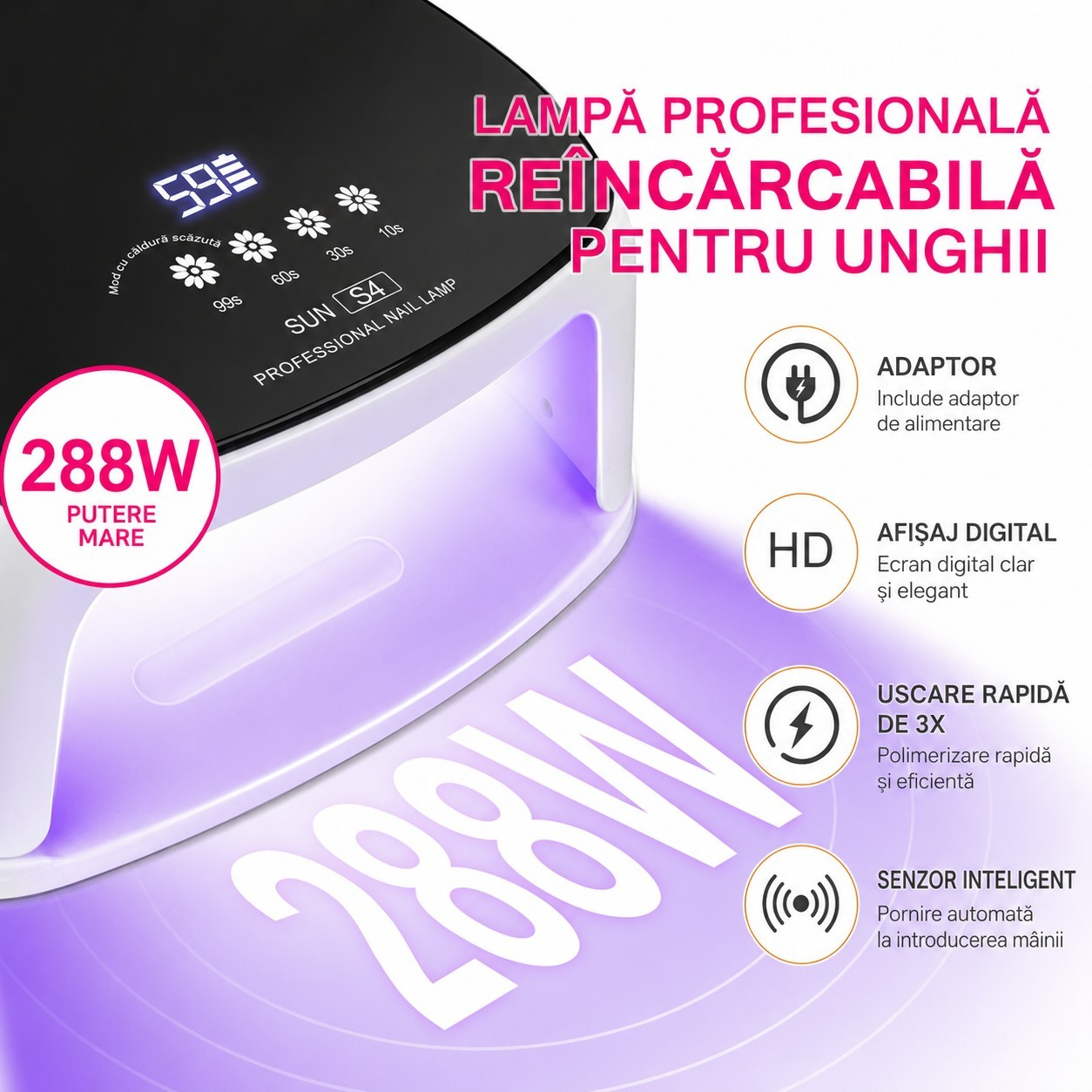 Infografic cu specificatiile lampii SUN S4: putere 288W, baterie reincarcabila, 66 LED-uri si senzor inteligent Ideal Beauty.