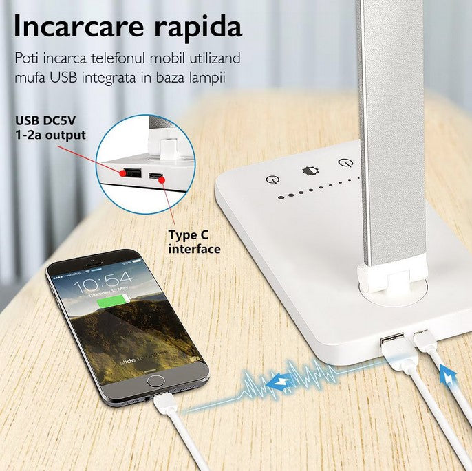Lampa De Birou LED | 10 Nivele Intensitate, pliabila | Incarcare Wireless Telefon