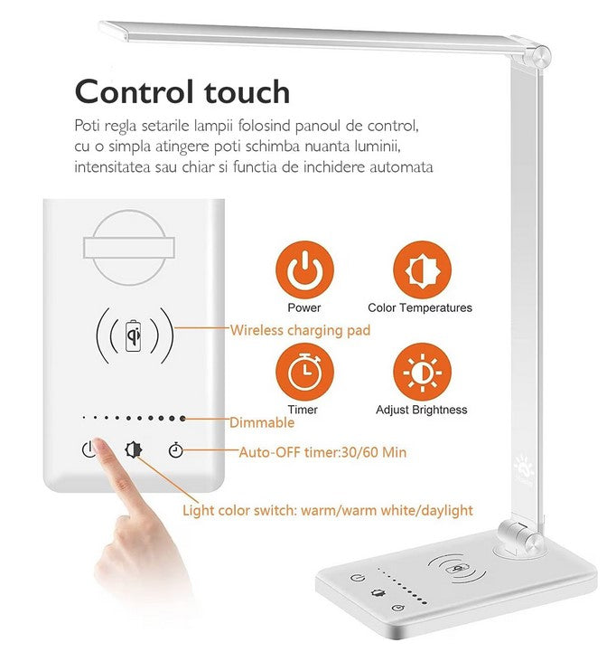 Lampa De Birou LED | 10 Nivele Intensitate, pliabila | Incarcare Wireless Telefon