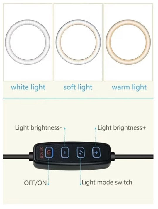 Ring Light | LED | 20cm diametru | USB | 3 moduri lumina - 10 trepte de reglaj | cu suport pt. telefon