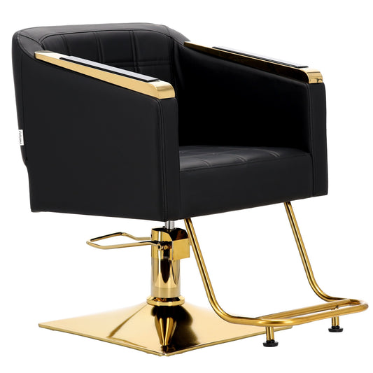 Scaun profesional de frizerie Pikos Gold, negru, cu baza patrata aurie, pompa hidraulica si suport metalic pentru picioare.