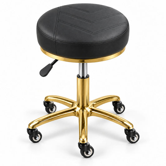 Scaun cosmetică DIVA Gold negru, cu șezut rotund cu cusături în V, bază aurie cu cinci roți și manetă neagră de reglare, pe fundal alb.