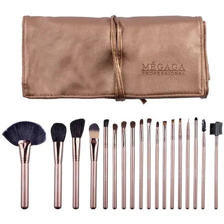 PACHET CADOU : Trusa machiaj 190 culori, farduri, blush, eyeliner, pudra + Set 18 pensule machiaj calitate superioara Megaga, Gold