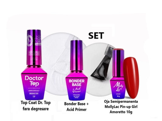 SET Bonder Base + Doctor Top Molly Lac + Oja semipermanenta MollyLac Pin-up Girl Amoretto Nr. 371 (ROSU)