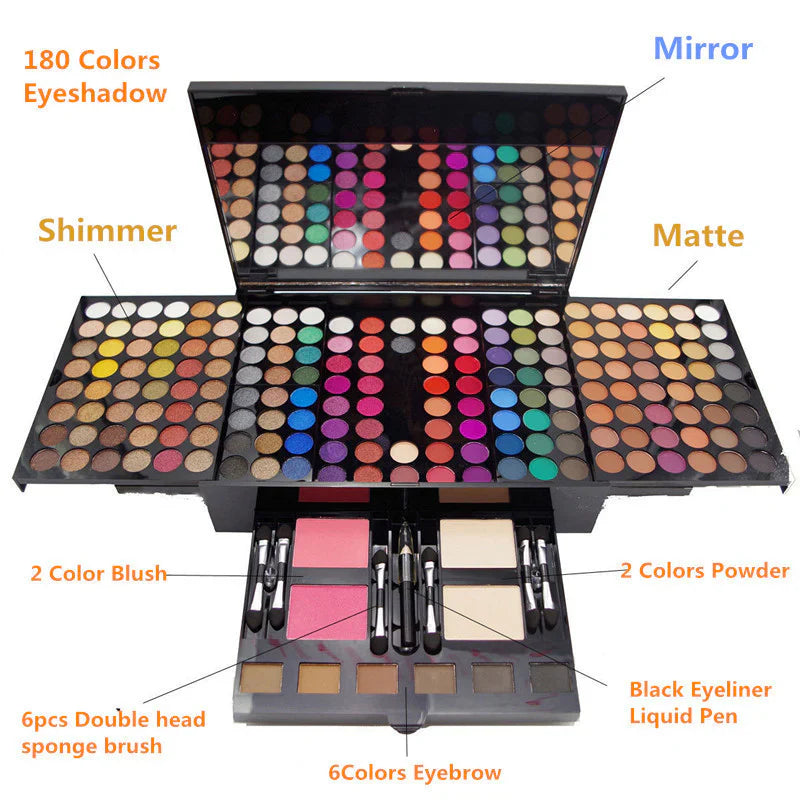 PACHET CADOU : Trusa machiaj 190 culori, farduri, blush, eyeliner, pudra + Set 18 pensule machiaj calitate superioara Megaga, Gold