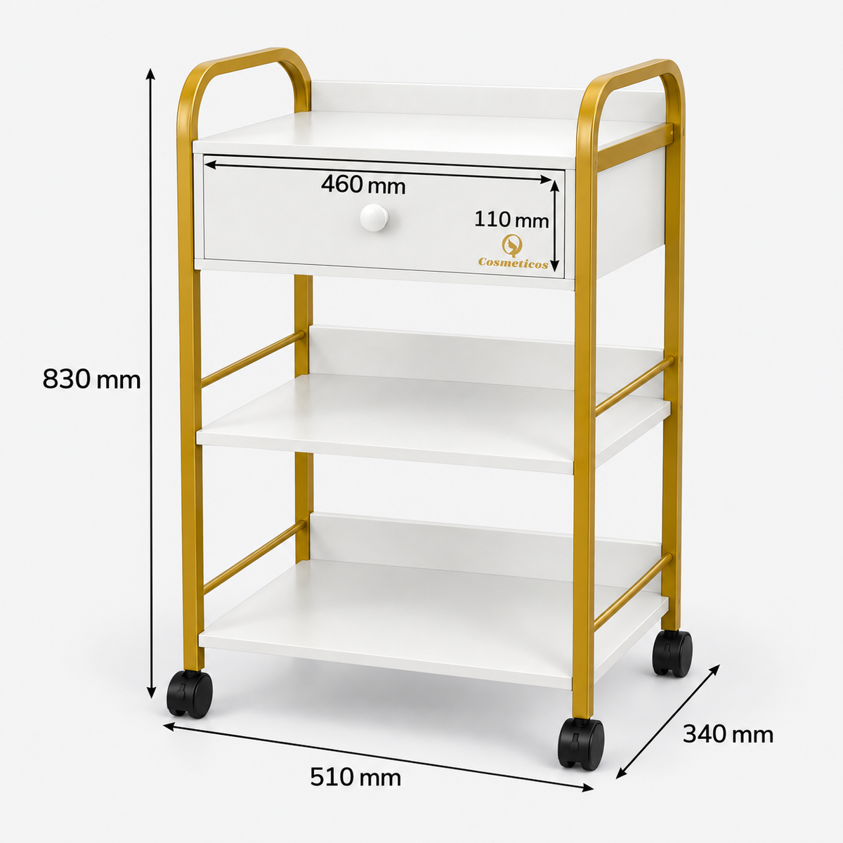 Ucenic cosmetic mobil cu sertar si 2 rafturi cadru metalic auriu premium IB-ST015 alb schema dimensiuni 510x340x830 mm cote tehnice carucior salon