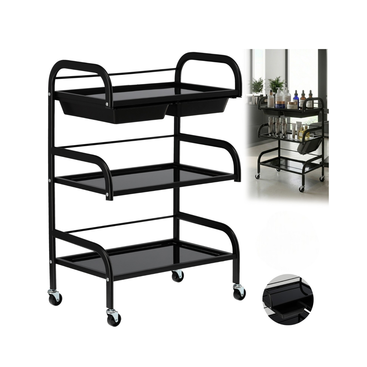 Ucenic Profesional Cosmetica 58 cm | Structura 3 Polite si 2 Sertare | Negru