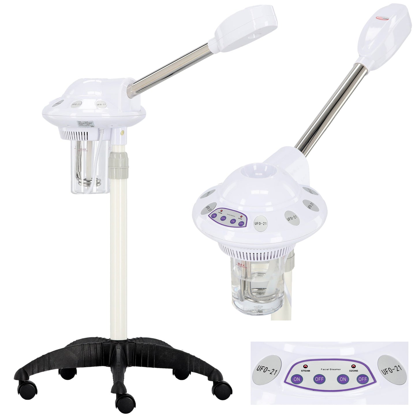 Colaj de prezentare completa pentru vapozonul cosmetic UFO-21: aparat facial pe stativ, recipient de apa si panou de control mecanic.