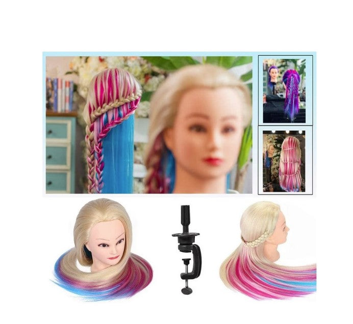 Cap practica manechin, CPAL, Blond auriu/Albastru/Roz, 65cm, des, pentru frizerie/coafor, cu suport