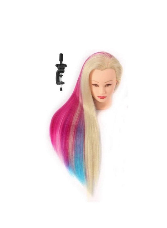 Cap practica manechin, CPAL, Blond auriu/Albastru/Roz, 65cm, des, pentru frizerie/coafor, cu suport