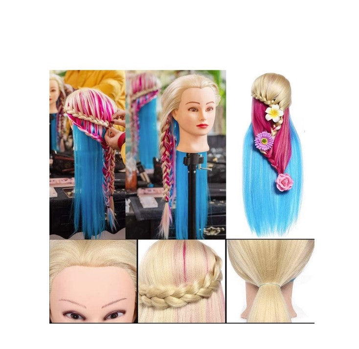 Cap practica manechin, CPAL, Blond auriu/Albastru/Roz, 65cm, des, pentru frizerie/coafor, cu suport