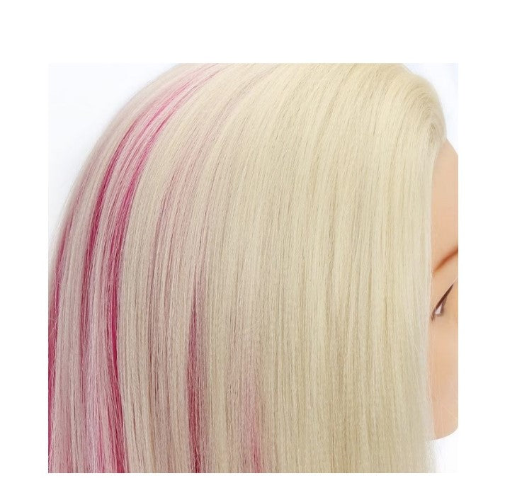 Cap practica manechin, CPAL, Blond auriu/Albastru/Roz, 65cm, des, pentru frizerie/coafor, cu suport