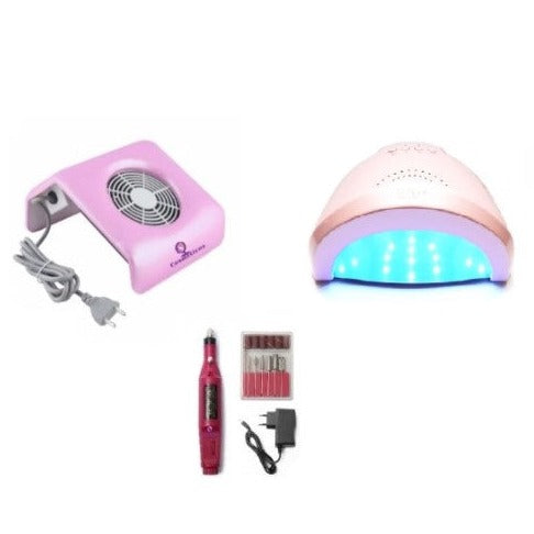 Kit aparate manichiura - freza unghii, aspirator praf, lampa uv, Roz