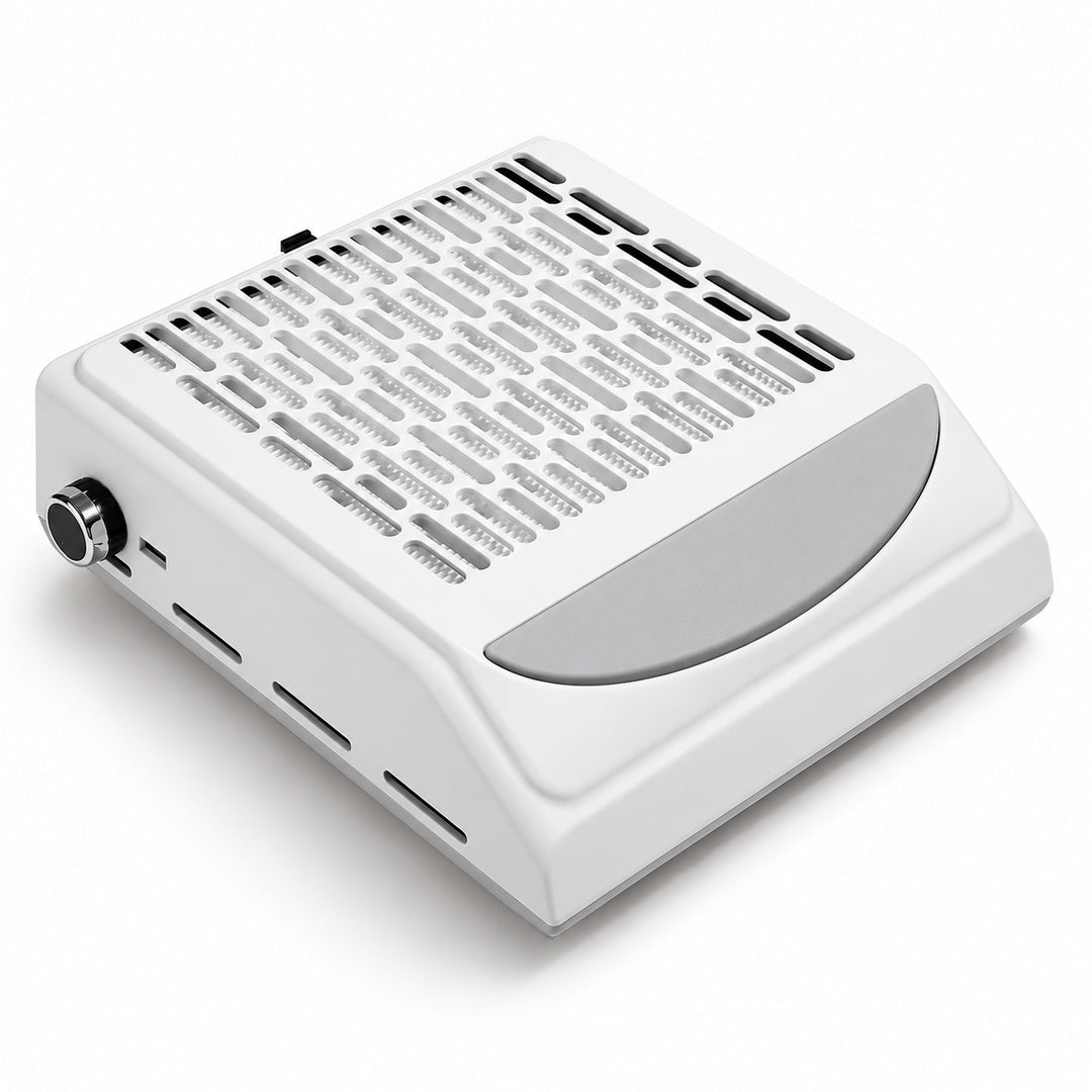 Aspirator de manichiură BQ 858-10, alb, cu grilă cu fante alungite, suport gri pentru mână și buton lateral.