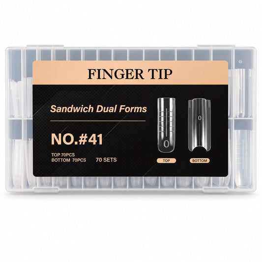 Cutie FINGER TIP Sandwich Dual Forms #41 cu tipsuri duble transparente pentru extensii pătrate lungi, 140 de piese și 70 de perechi.
