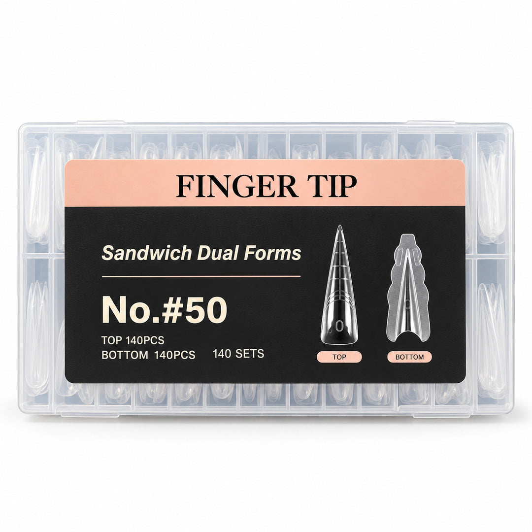 Cutie FINGER TIP Sandwich Dual Forms #50 cu tipsuri duble transparente pentru extensii stiletto, 280 de piese și 140 de perechi.