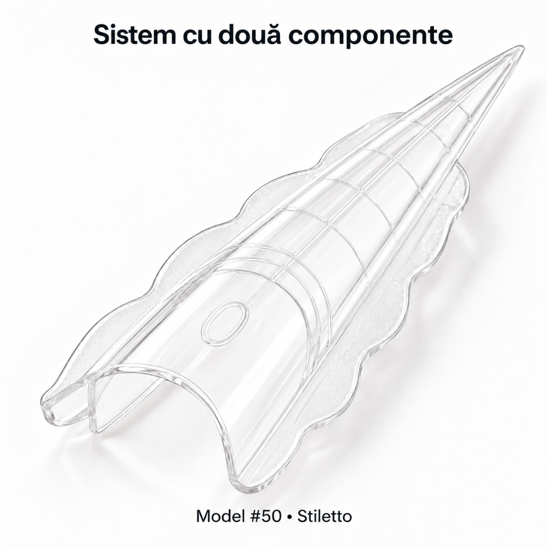 Detaliu în perspectivă al componentelor îmbinate Sandwich Dual Forms #50 Stiletto, cu vârf alungit și ascuțit.
