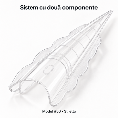 Detaliu în perspectivă al componentelor îmbinate Sandwich Dual Forms #50 Stiletto, cu vârf alungit și ascuțit.