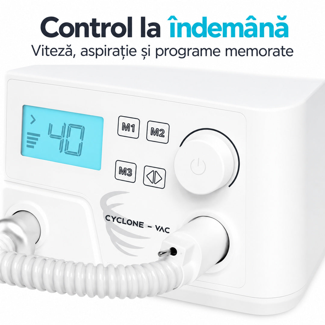 Detaliu al afișajului digital, butonului rotativ și tastelor de memorie M1, M2 și M3 ale frezei Saeyang Cyclone-Vac.