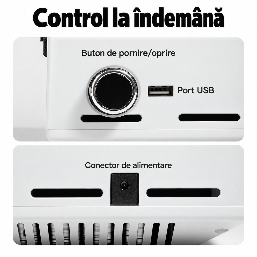 Detaliu al butonului lateral, portului USB și conectorului de alimentare ale aspiratorului BQ 858-10.