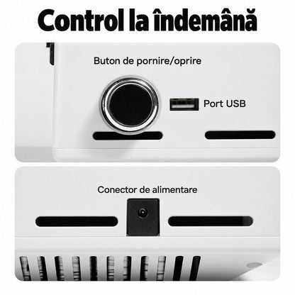 Detaliu al butonului lateral, portului USB și conectorului de alimentare ale aspiratorului BQ 858-10.