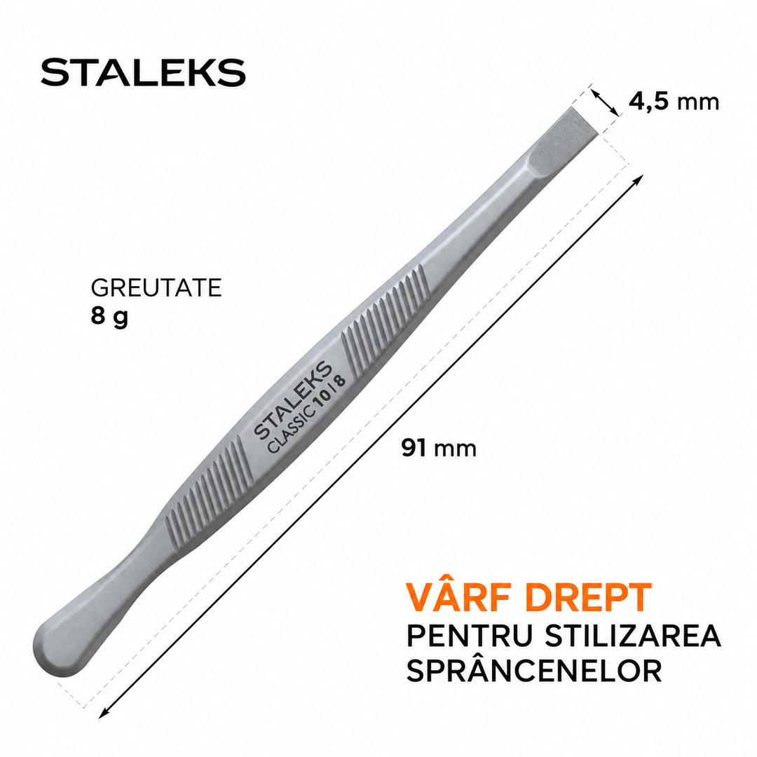 Pensetă STALEKS CLASSIC TC-10-8 pentru stilizarea sprâncenelor, cu vârf oblic de 4,5 mm, lungime de 91 mm și greutate de 8 g.