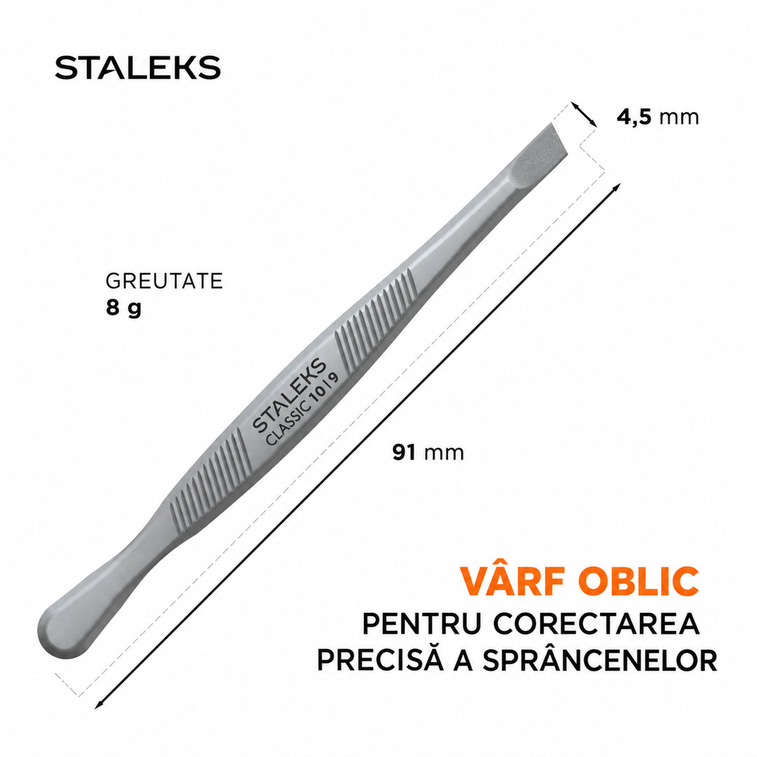 Pensetă STALEKS CLASSIC TC-10/9 pentru corectarea sprâncenelor, cu vârf oblic de 4,5 mm, lungime de 91 mm și greutate de 8 g.