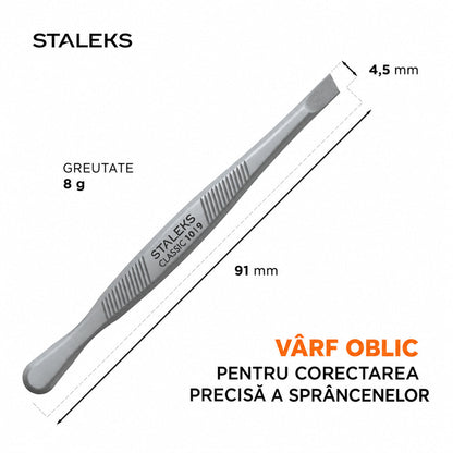 Pensetă STALEKS CLASSIC TC-10/9 pentru corectarea sprâncenelor, cu vârf oblic de 4,5 mm, lungime de 91 mm și greutate de 8 g.