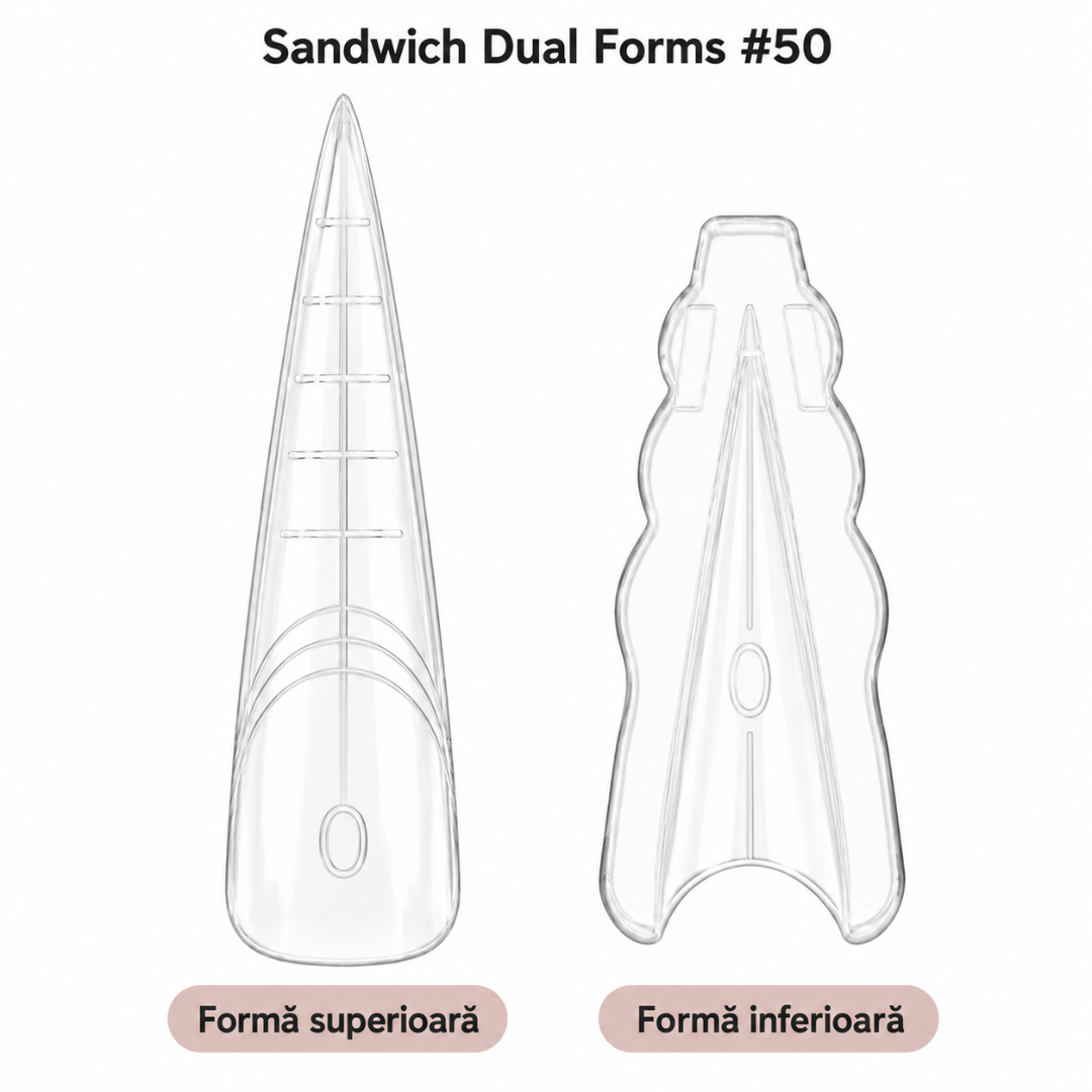 Formă superioară stiletto cu linii de ghidaj și formă inferioară cu margini laterale ondulate, transparente, model Sandwich Dual Forms #50.