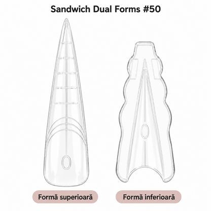 Formă superioară stiletto cu linii de ghidaj și formă inferioară cu margini laterale ondulate, transparente, model Sandwich Dual Forms #50.
