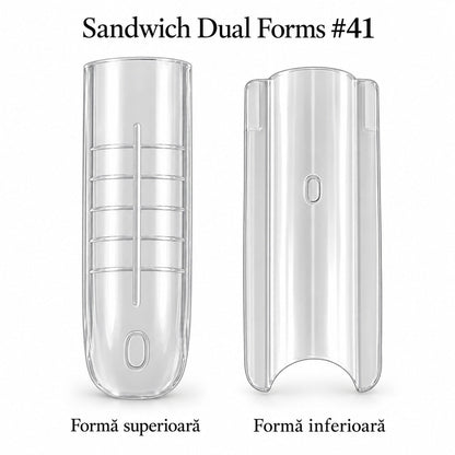 Formă superioară cu linii de ghidaj și formă inferioară transparentă, model Sandwich Dual Forms #41 pentru extensii pătrate lungi.