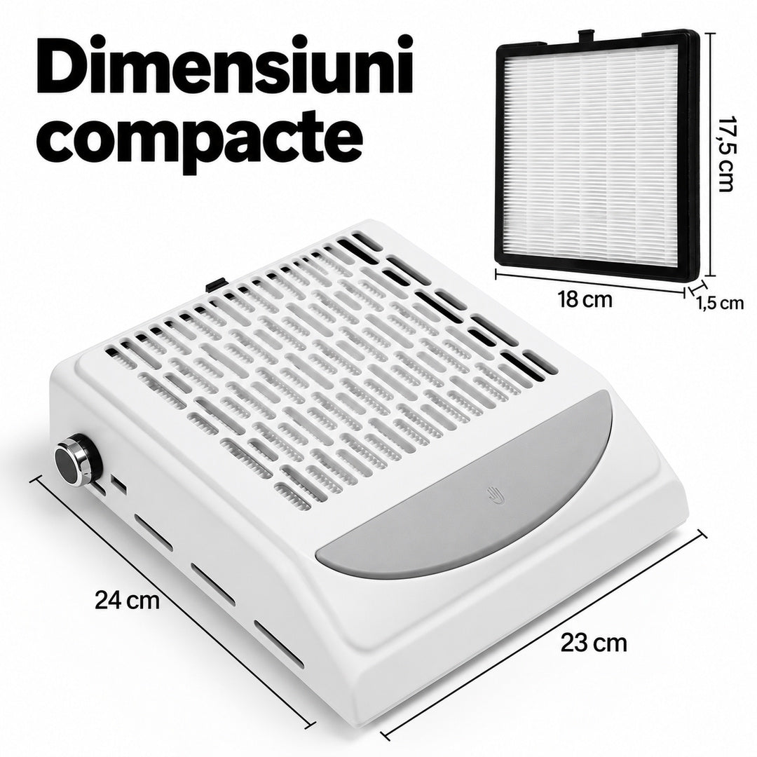 Aspirator BQ 858-10 și filtru detașabil, cu dimensiunile aparatului și ale filtrului indicate în imagine.