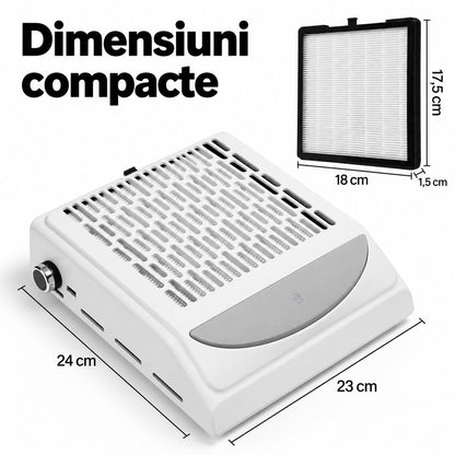 Aspirator BQ 858-10 și filtru detașabil, cu dimensiunile aparatului și ale filtrului indicate în imagine.