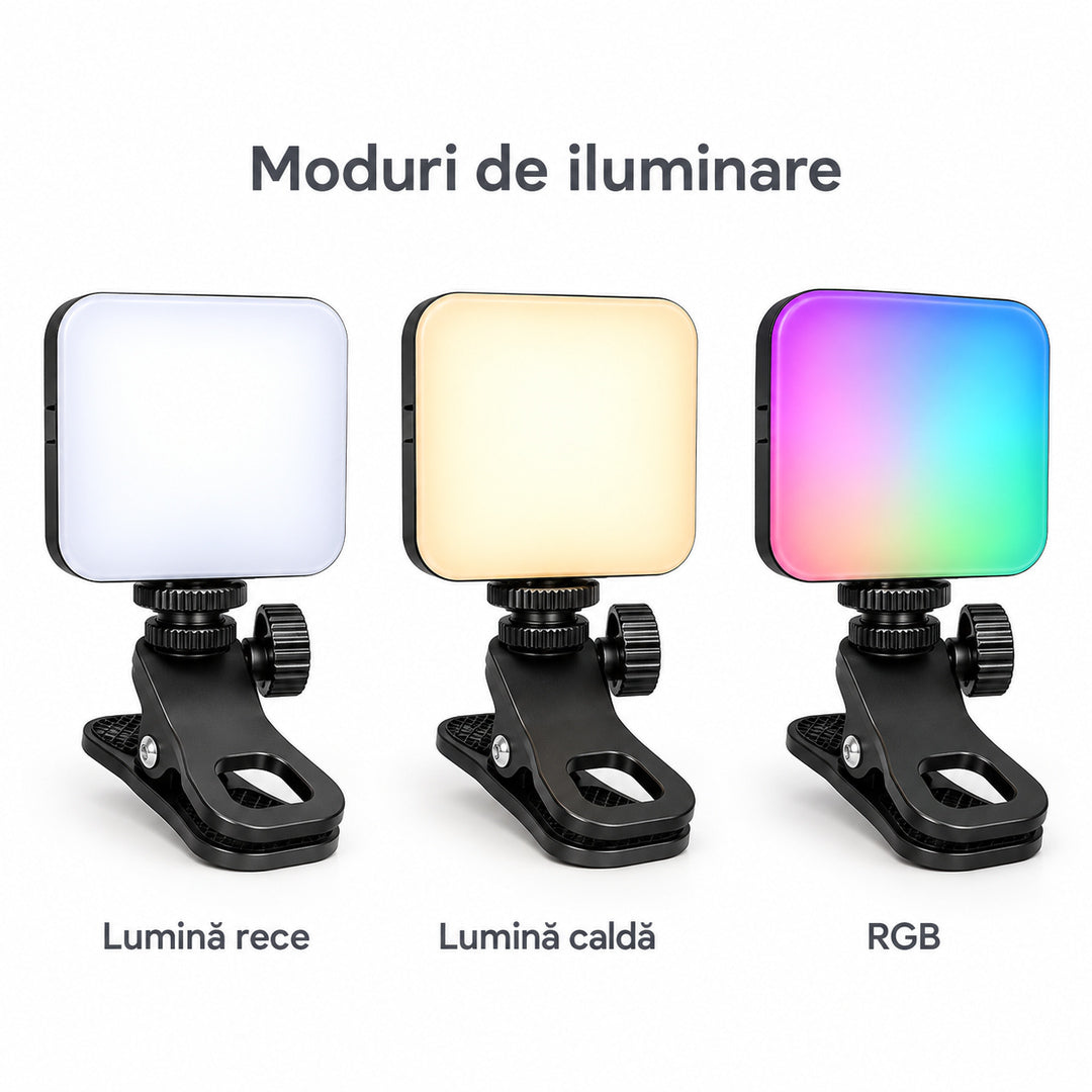 Lampă LED foto-video prezentată în trei moduri de iluminare: lumină albă rece, lumină caldă și efect multicolor RGB, fiecare cu aceeași clemă reglabilă.
