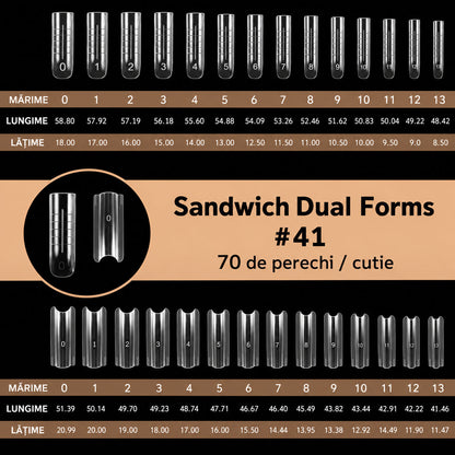 Tabel cu lungimile și lățimile formelor superioare și inferioare Sandwich Dual Forms #41, în 14 mărimi numerotate de la 0 la 13.
