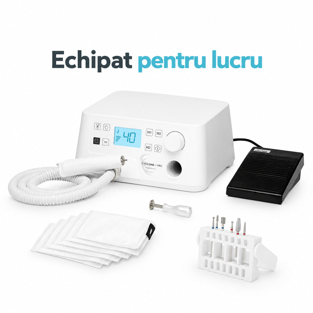 	Freză Saeyang Cyclone-Vac prezentată alături de piesa de mână, furtun, pedală, saci de filtrare și accesorii.