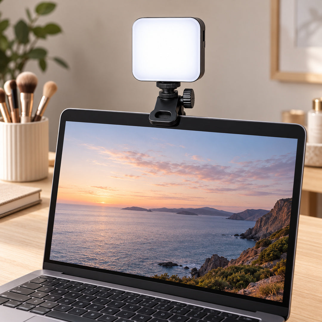 Lampă LED portabilă prinsă cu clema pe marginea superioară a unui laptop, cu panoul luminos orientat spre utilizator, într-un spațiu de lucru cu accesorii beauty.